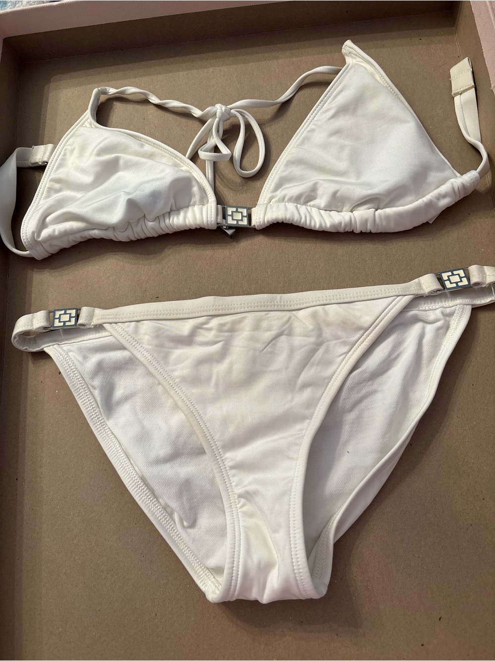 Trina Turk White Triangle Tie Bikini with Decorative Metal Accents